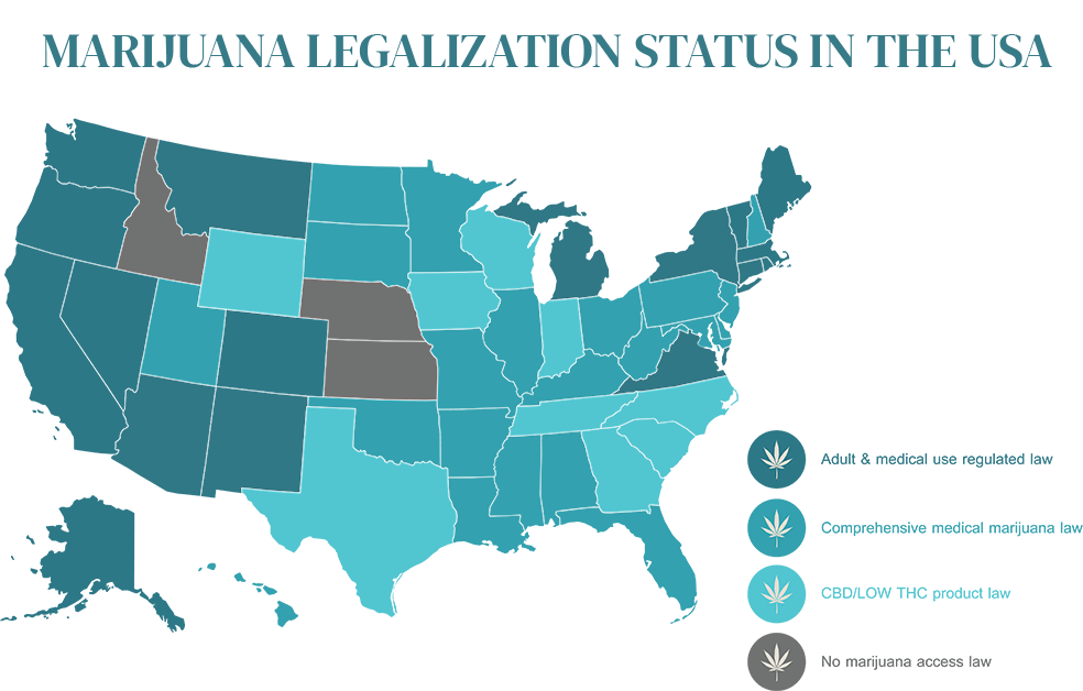 map of the USA showing the legalization status 